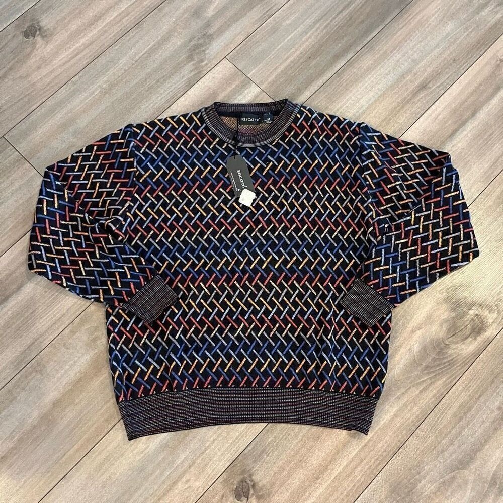Riscatto Mens Medium NWT Made in Italy Multicolor Geometric Knit Crew Sweater